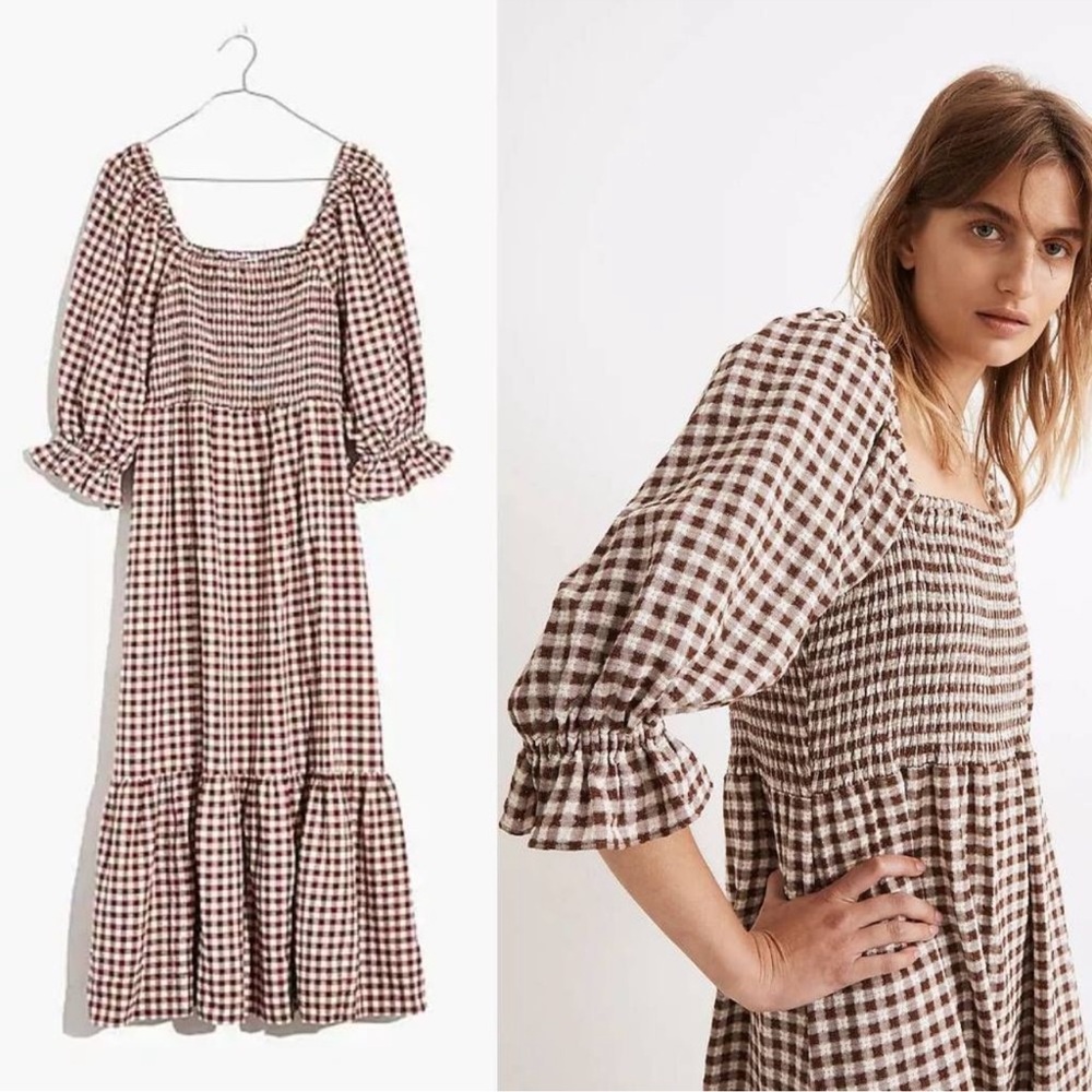Madewell Lucie Elbow-Sleeve Smocked Midi Dress in Gingham XXS